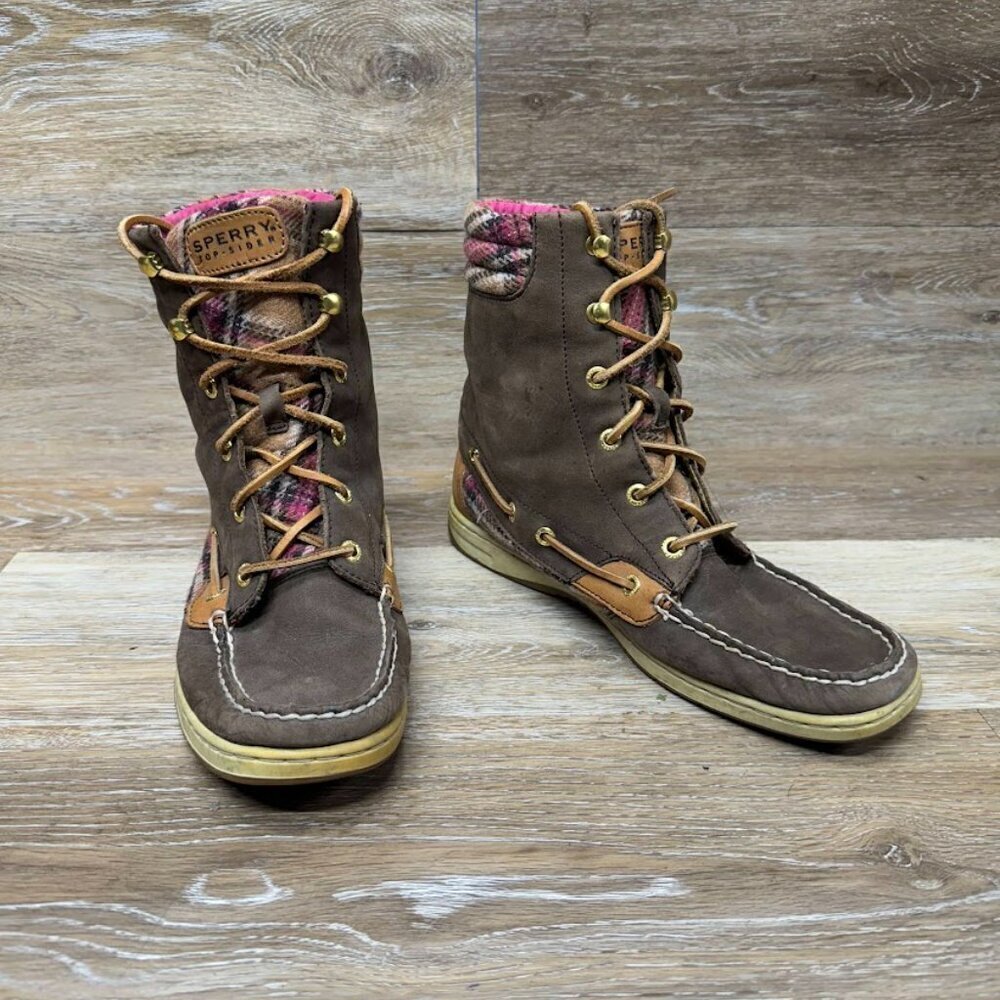 Sperry Hikerfish Brown Leather Pink Plaid Boots Women's Size 9 - Picture 6 of 6